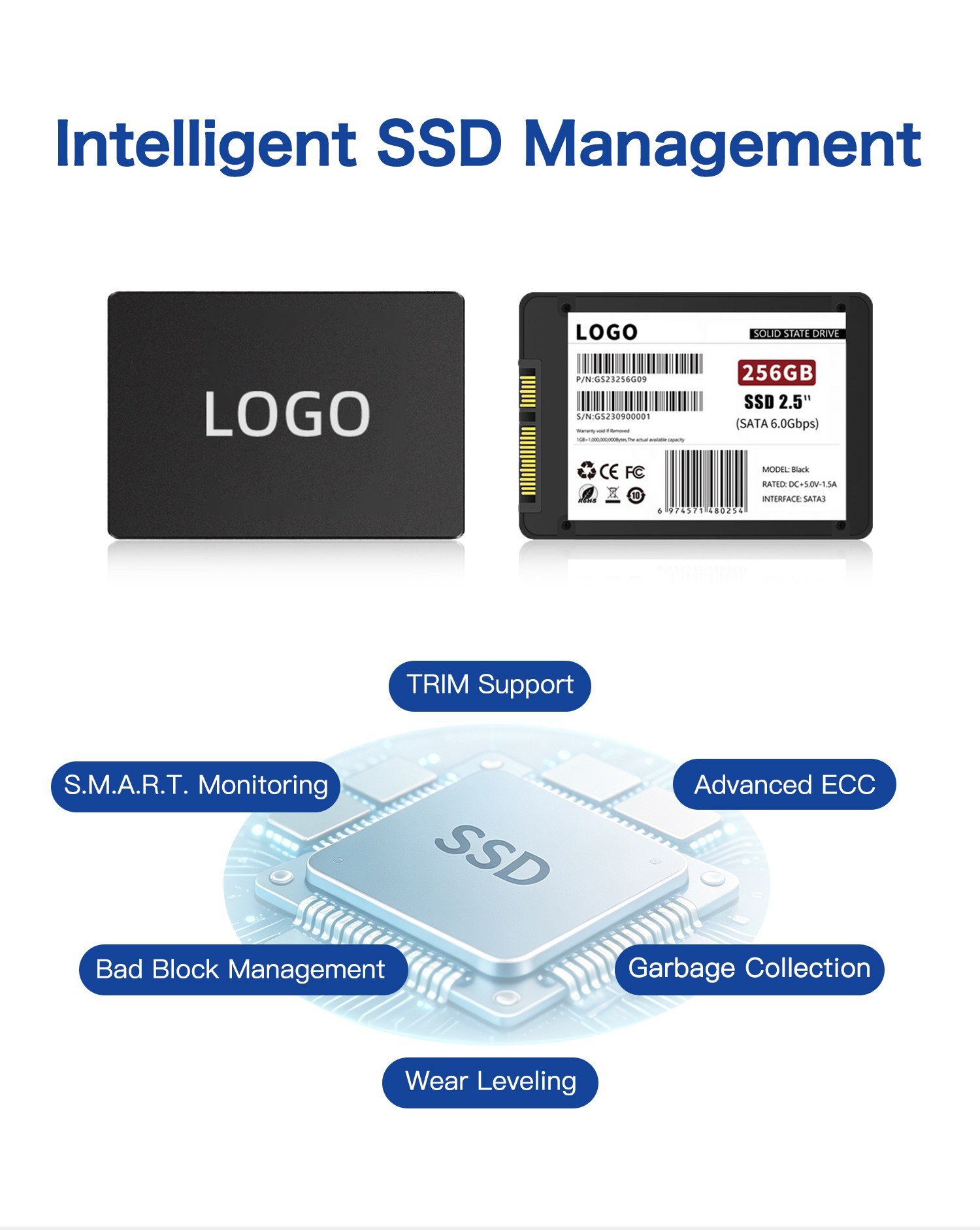 2.5-inch SSD management features including TRIM SMART and ECC
